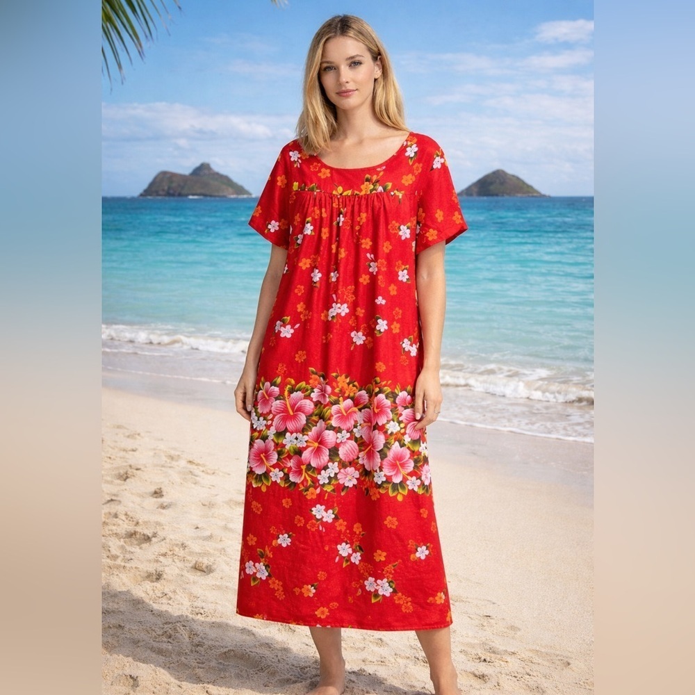 Vintage 60s Ui-Maikai Hawaiian Muumuu Dress Red Hibiscus Cotton XL